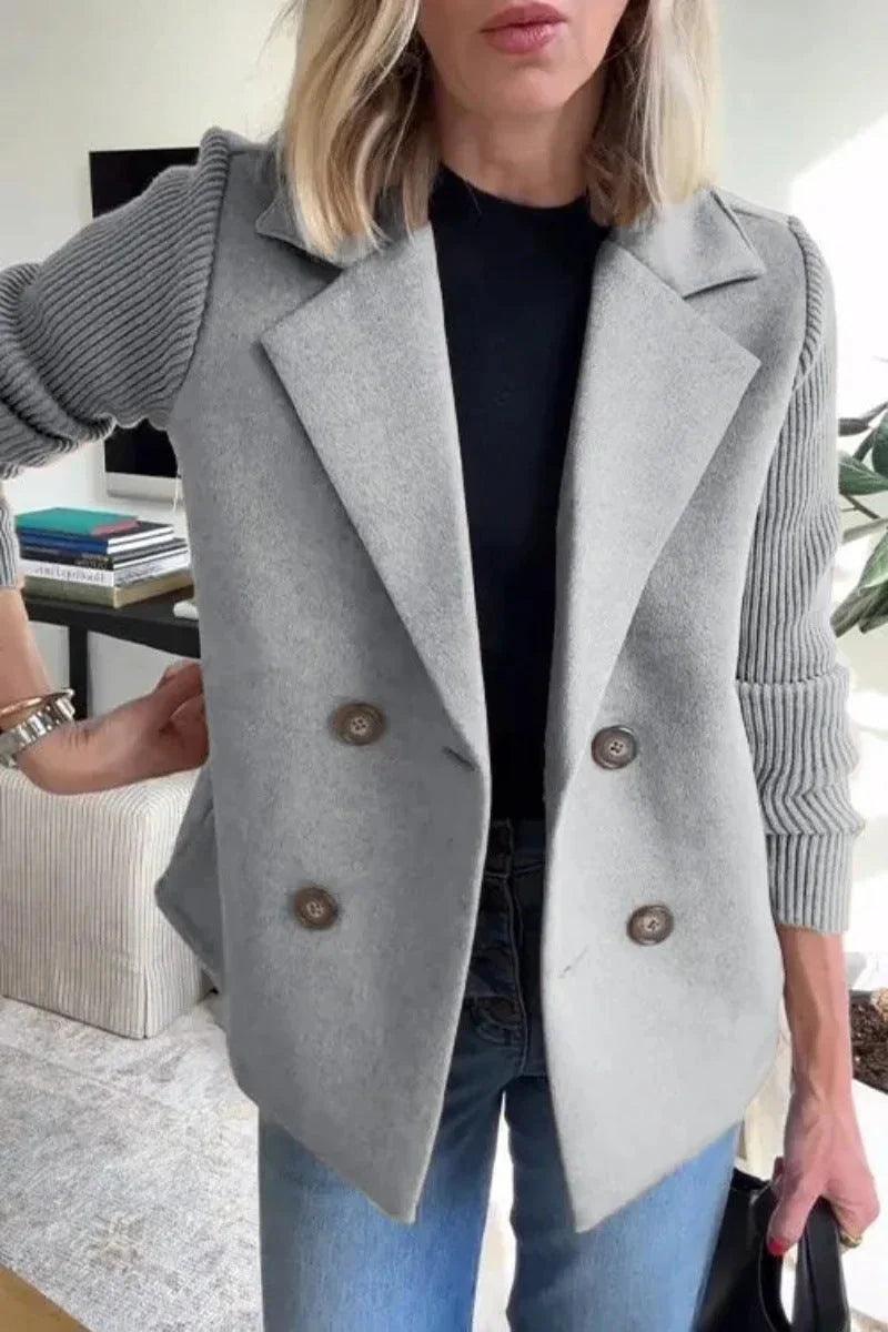 Double Breasted Lapel Jacket Fashion Knitted Sleeves Splicing Design Coat Outerwear