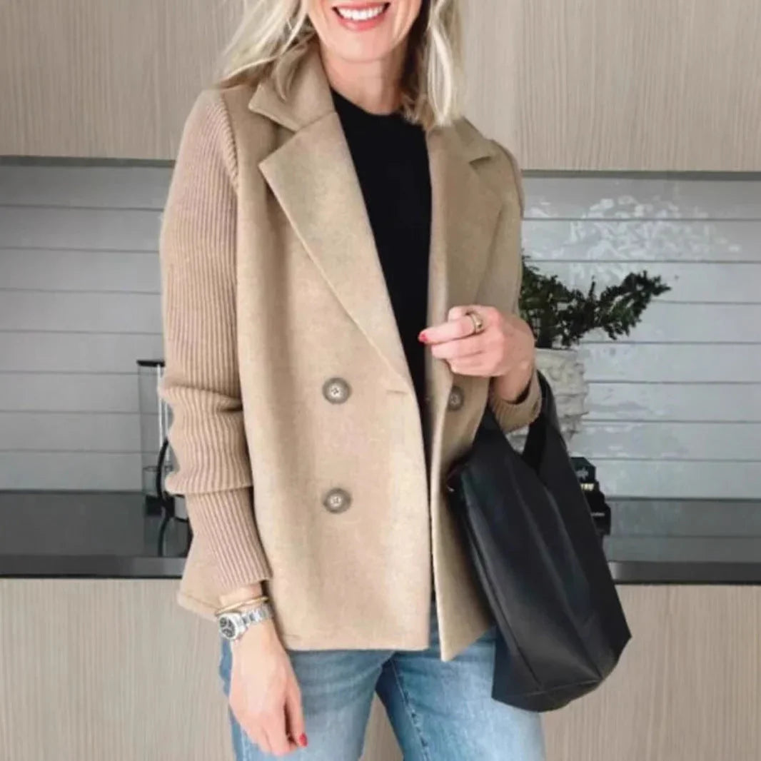 Double Breasted Lapel Jacket Fashion Knitted Sleeves Splicing Design Coat Outerwear