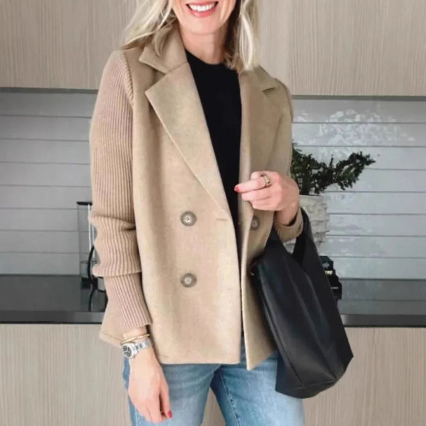 Double Breasted Lapel Jacket Fashion Knitted Sleeves Splicing Design Coat Outerwear