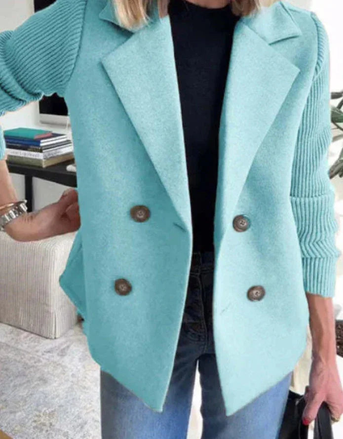 Double Breasted Lapel Jacket Fashion Knitted Sleeves Splicing Design Coat Outerwear