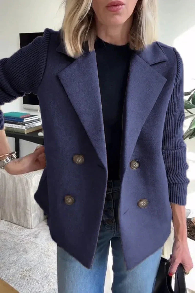 Double Breasted Lapel Jacket Fashion Knitted Sleeves Splicing Design Coat Outerwear