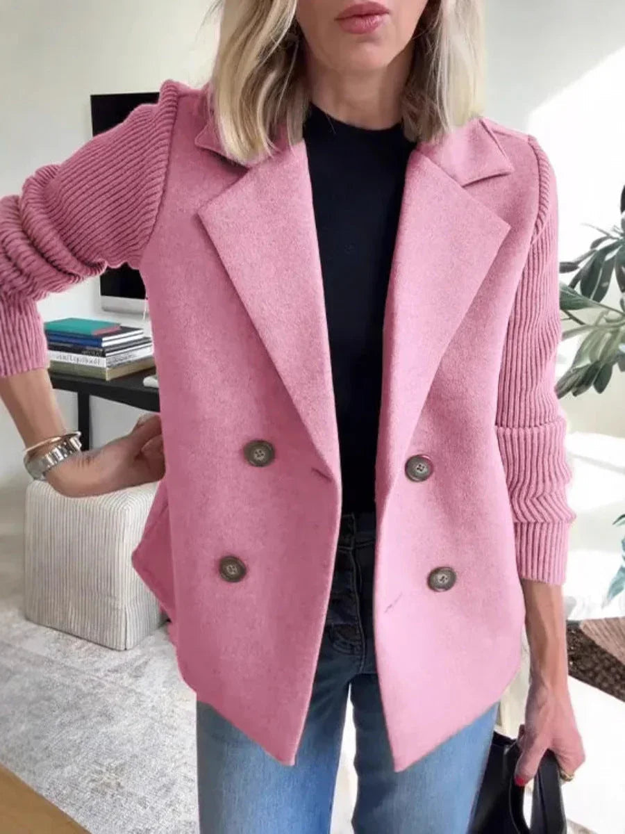 Double Breasted Lapel Jacket Fashion Knitted Sleeves Splicing Design Coat Outerwear
