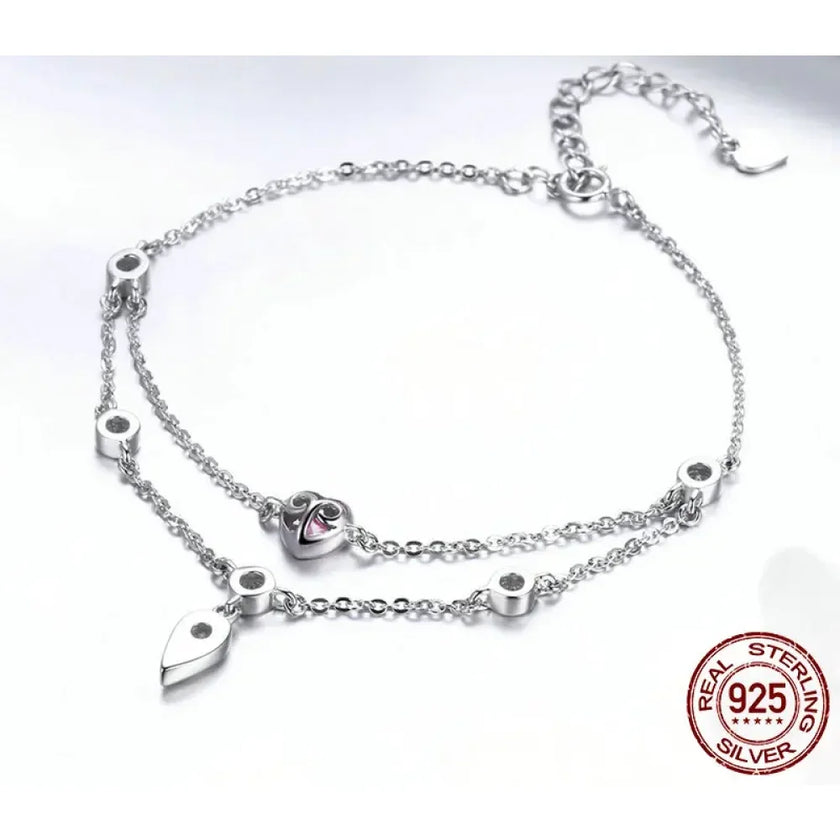 Sterling Silver Double Layer Bracelet with Pink CZ Hearts