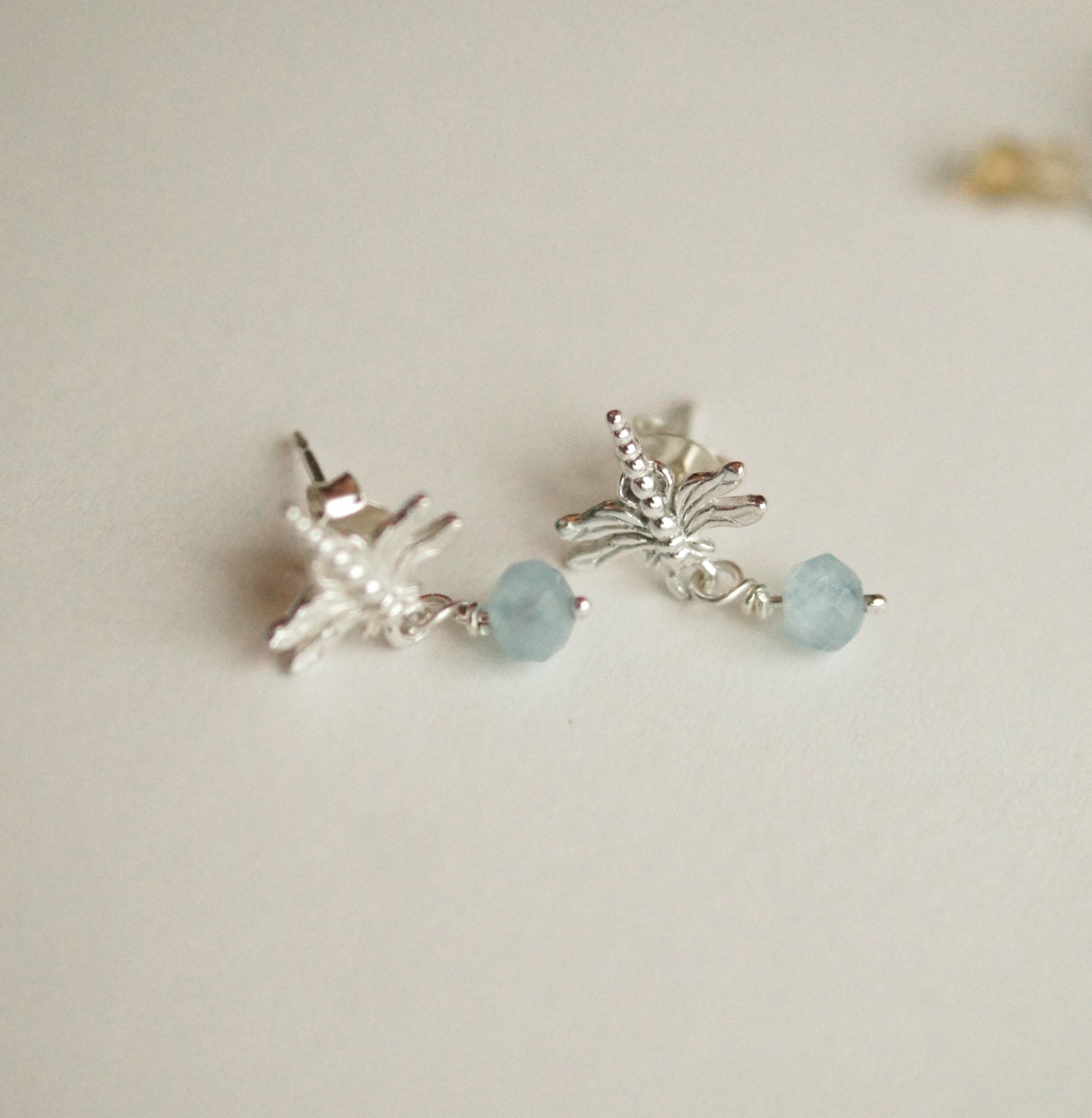 Dragonfly and Aquamarine Silver Earrings