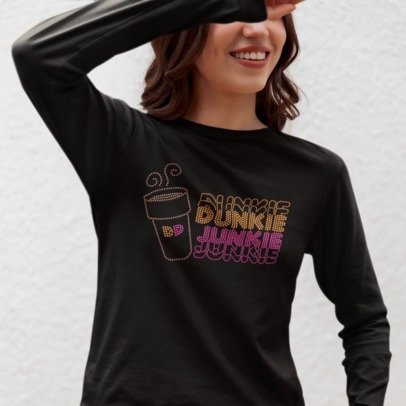 Dunkin Junkie Rhinestone Shirt – Coffee Lover Sparkle Bling Tee | Blingdazzel