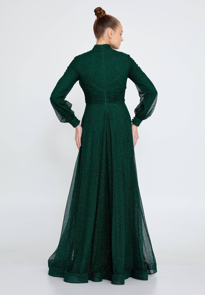 Modest Long Sleeve Chiffon Glitter Long Dress - Emerald