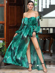 Flowy Strapless Chiffon Romper with Long Removable Sleeve and a Long Slit - Green