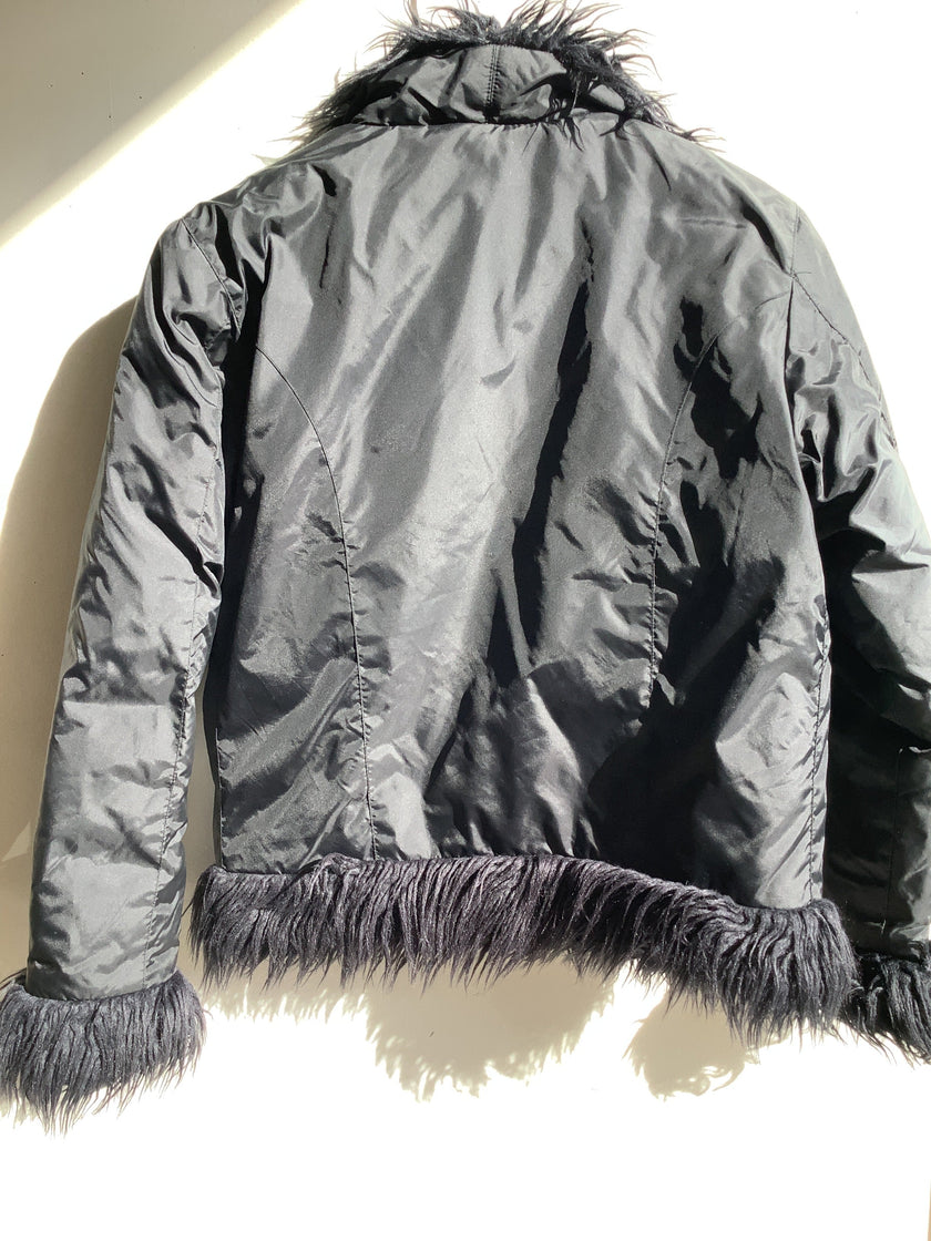 Y2K Suzy Shier Faux Fur Trim Black Jacket