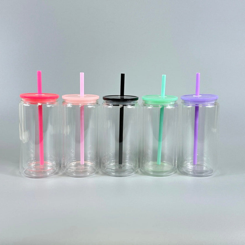 Snow Globe Glass Can with Color Lids - 16oz Double Wall Tumbler