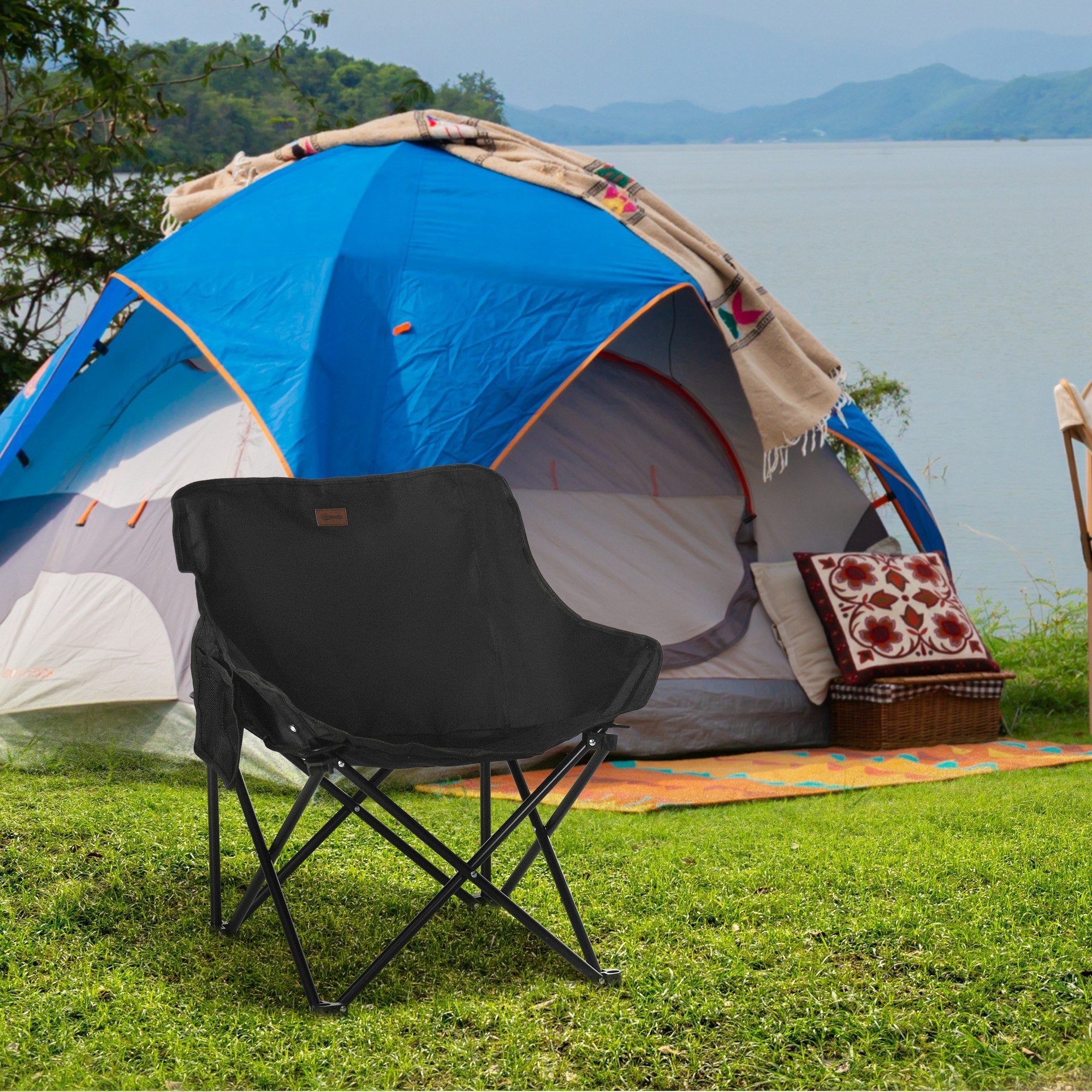 Outsunny Folding Camping Chair Lightweight Portable Chair for Outdoor Hiking Backpacking with Carry Bag Side Pocket Black
