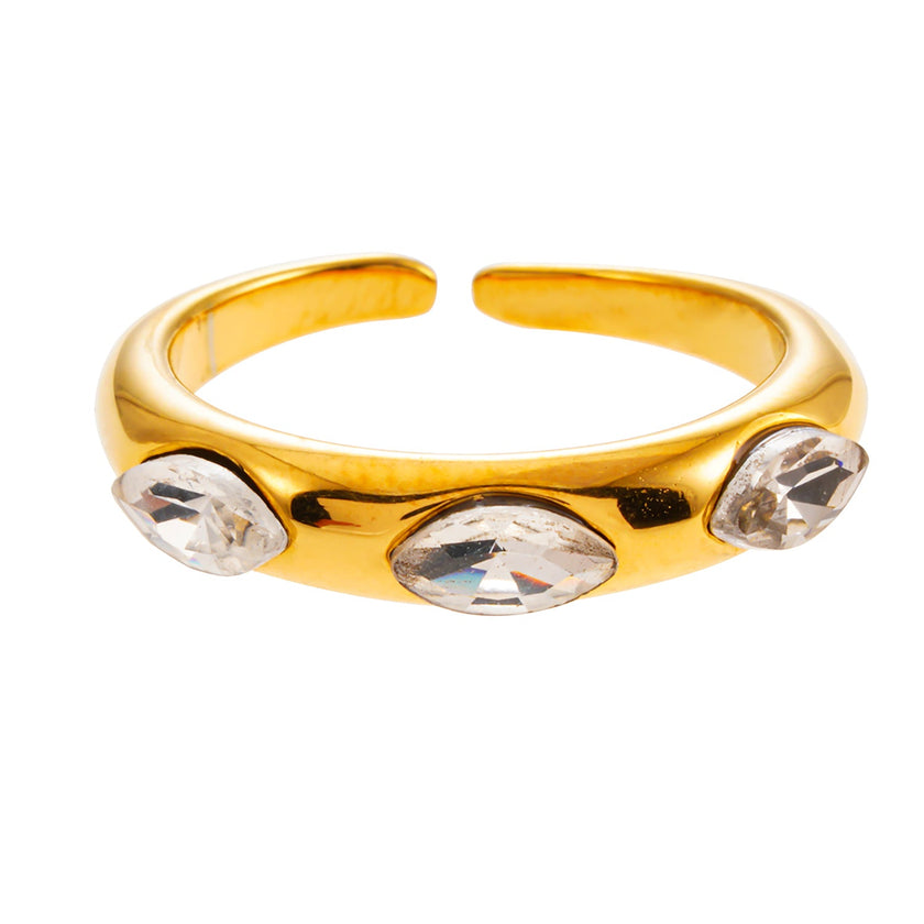 Style ELENITA : Bague à l'esprit moderniste avec trois pierres précieuses en zircone.