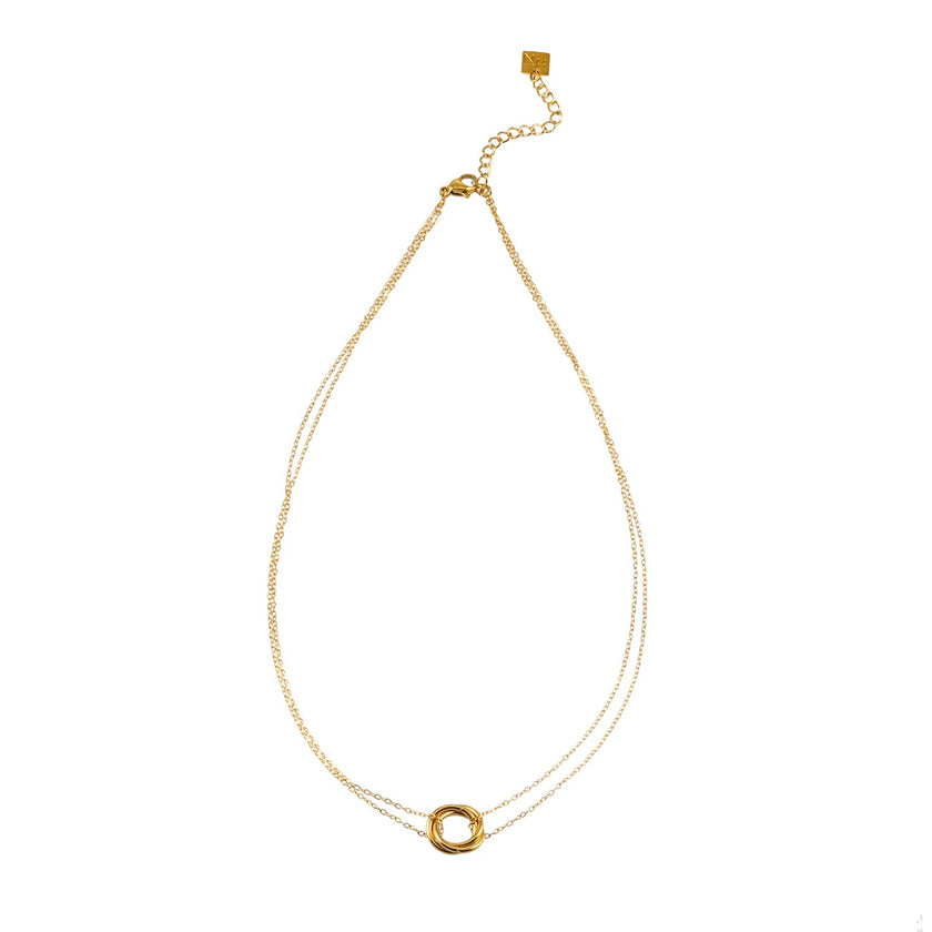 ELVIRA Or : Collier délicat à double chaîne avec pendentif à 3 anneaux entrelacés – Symbole d'amour, d'unité et d'éternité