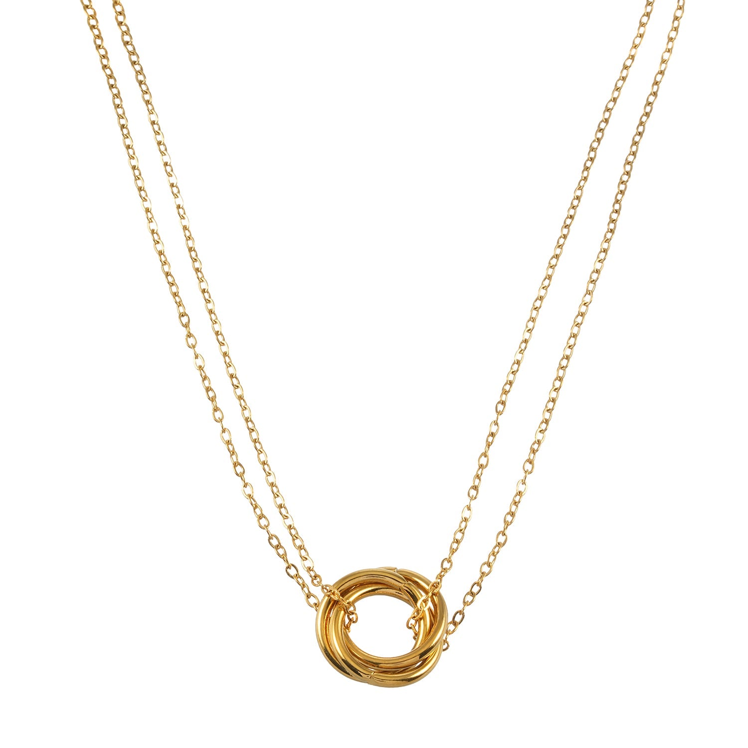 ELVIRA Or : Collier délicat à double chaîne avec pendentif à 3 anneaux entrelacés – Symbole d'amour, d'unité et d'éternité