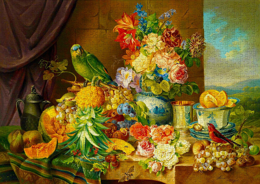 ENJOY - Schuster: Still Life with Fruit Flowers and Parrot (1000-Piece Puzzle)