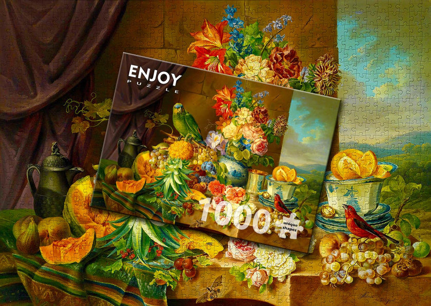 ENJOY - Schuster: Still Life with Fruit Flowers and Parrot (1000-Piece Puzzle)