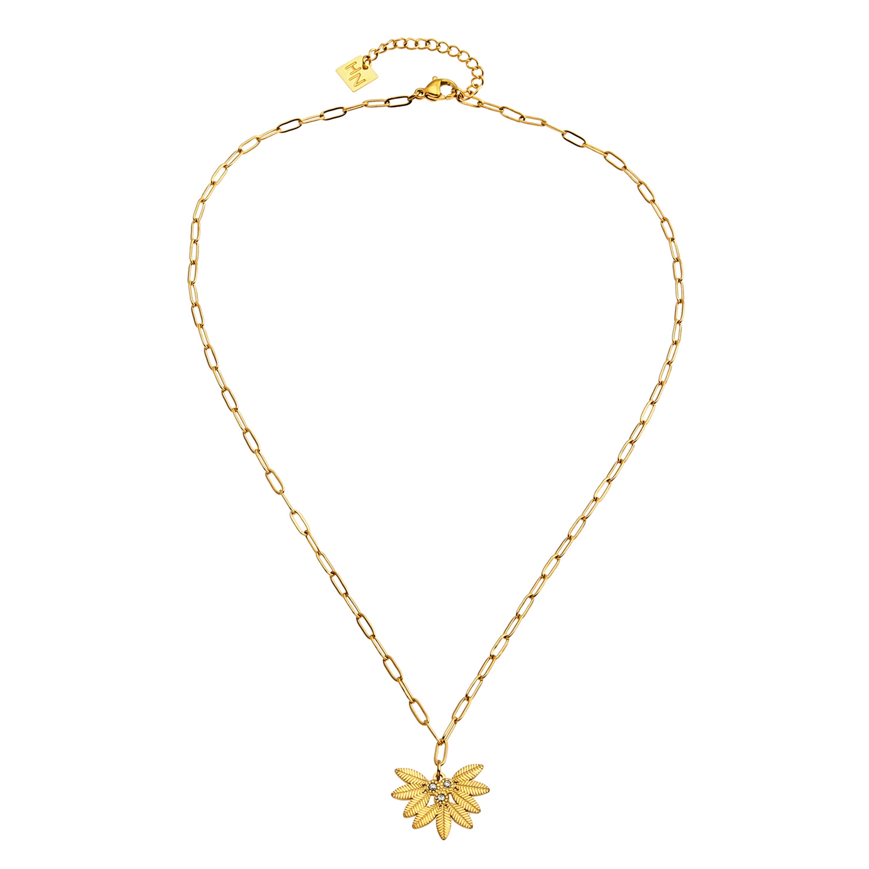 ENOLA Chaîne mini-cadenas avec pendentif en zircone à motif de feuilles en or.
