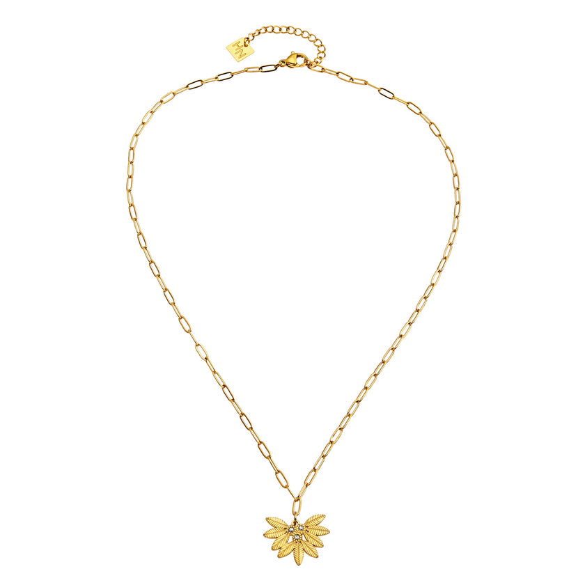 ENOLA Chaîne mini-cadenas avec pendentif en zircone à motif de feuilles en or.