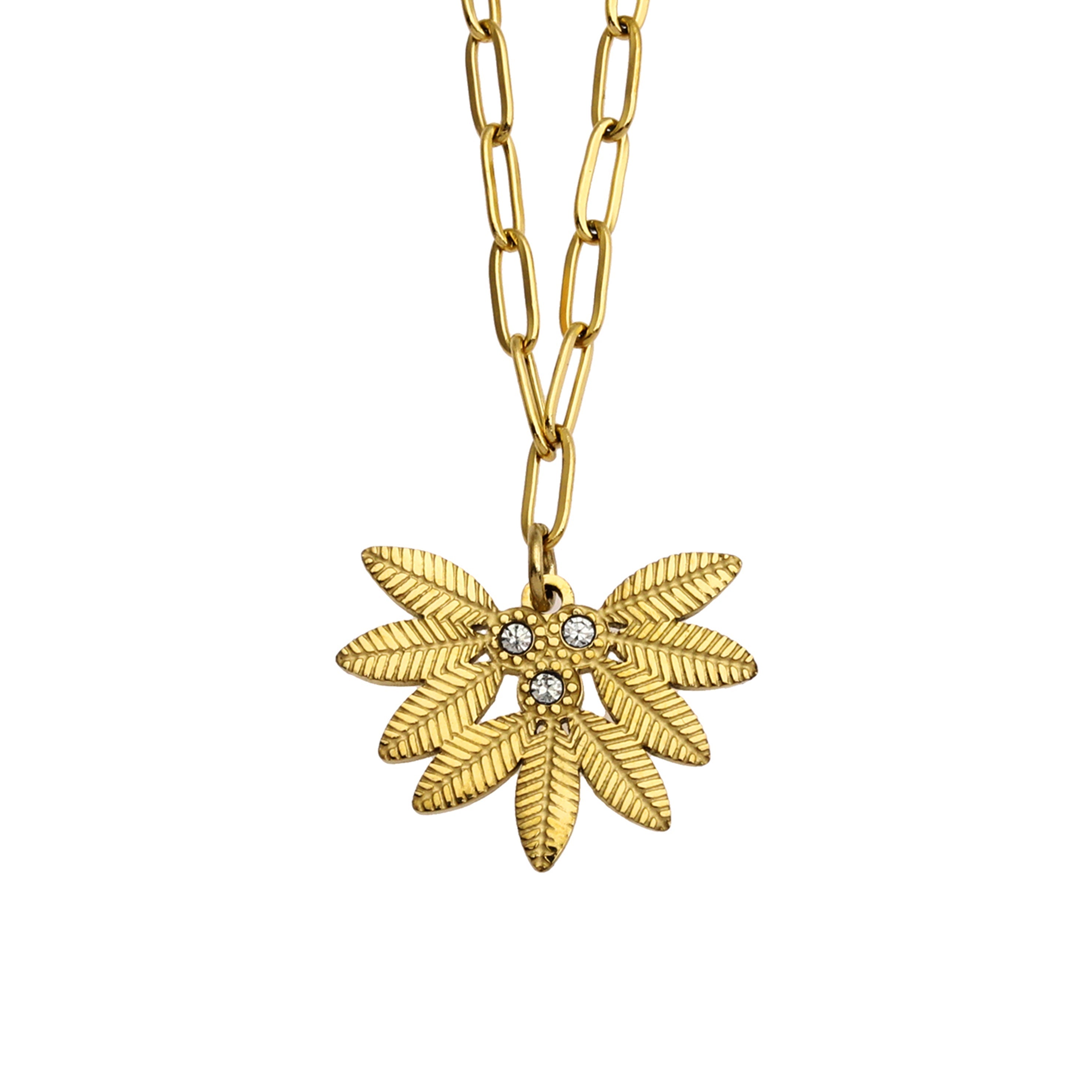 ENOLA Chaîne mini-cadenas avec pendentif en zircone à motif de feuilles en or.