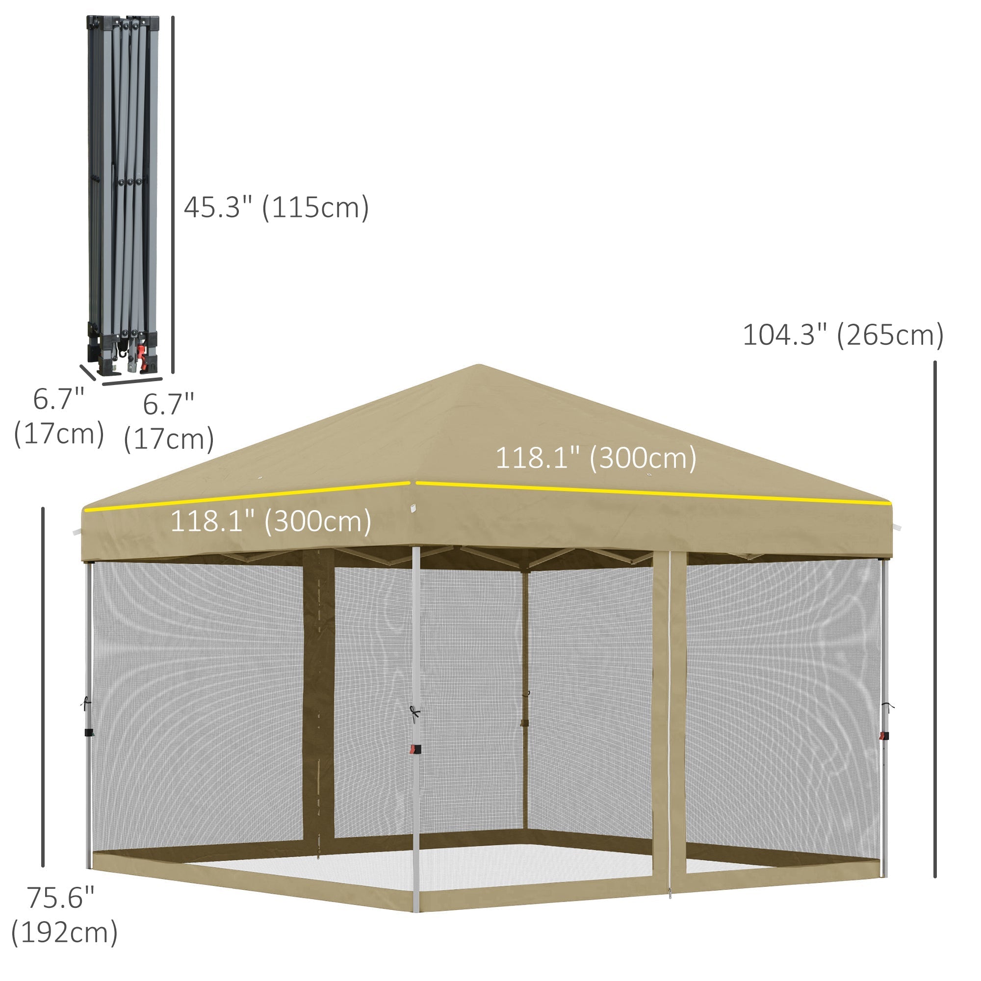 Outsunny 10' x 10' Pop-Up Party Tent Outdoor Canopy Tent with Mesh Sidewalls, 3-Level Adjustable Height, Roller Bag, Khaki