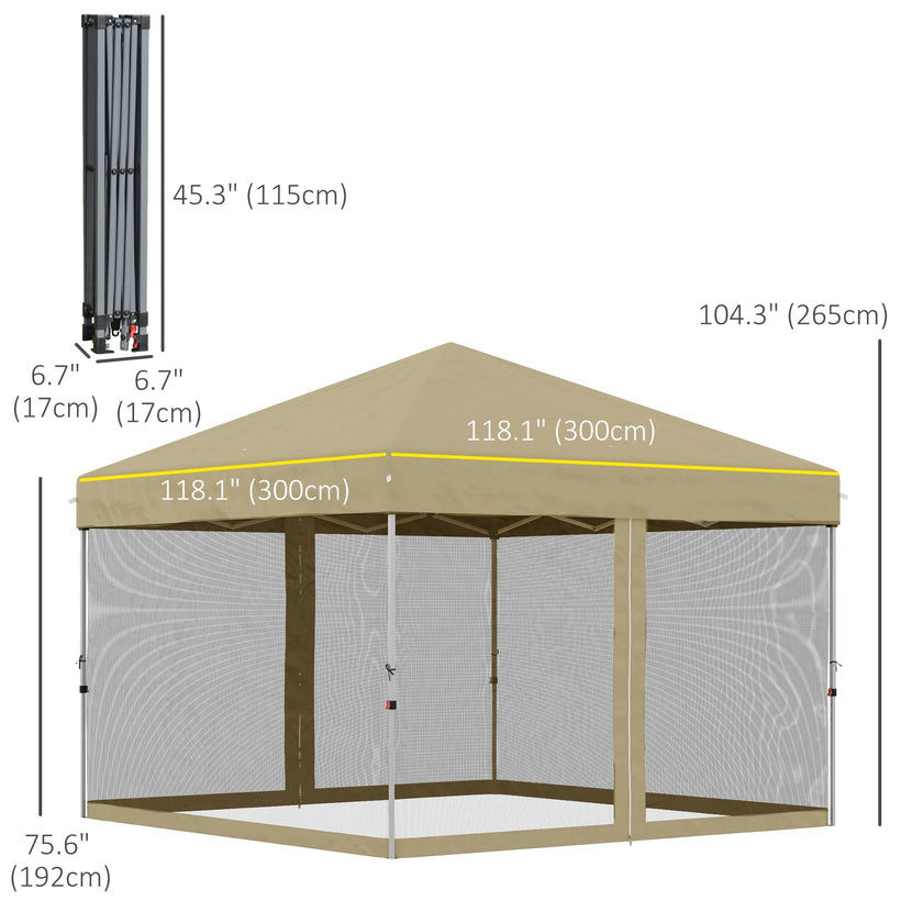 Outsunny 10' x 10' Pop-Up Party Tent Outdoor Canopy Tent with Mesh Sidewalls, 3-Level Adjustable Height, Roller Bag, Khaki