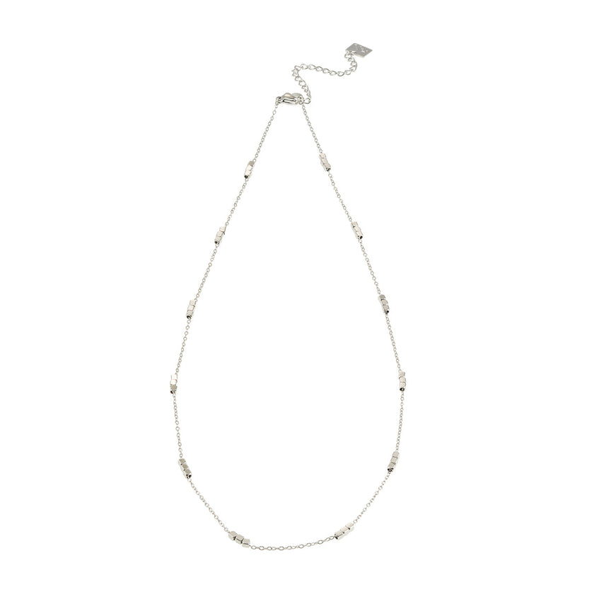 ERISSA: Trio Square-Beads Dainty Chain Necklace in White Gold (Silver Toned)