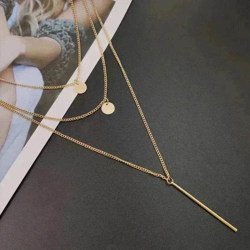 Electroplating Gold and Silver Double-layer Wafer And Long Bar Pendant Necklace