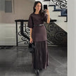 Elegant Brown Patchwork Pleated Short Sleeves Long Dress