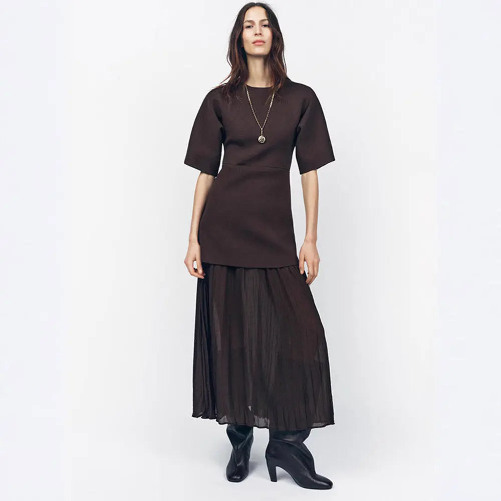 Elegant Brown Patchwork Pleated Short Sleeves Long Dress