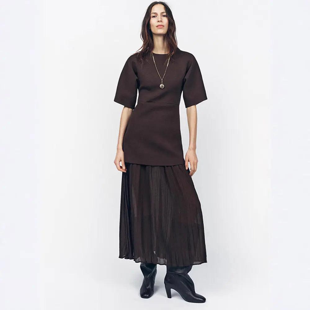 Elegant Brown Patchwork Pleated Short Sleeves Long Dress