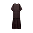 Elegant Brown Patchwork Pleated Short Sleeves Long Dress