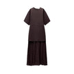Elegant Brown Patchwork Pleated Short Sleeves Long Dress