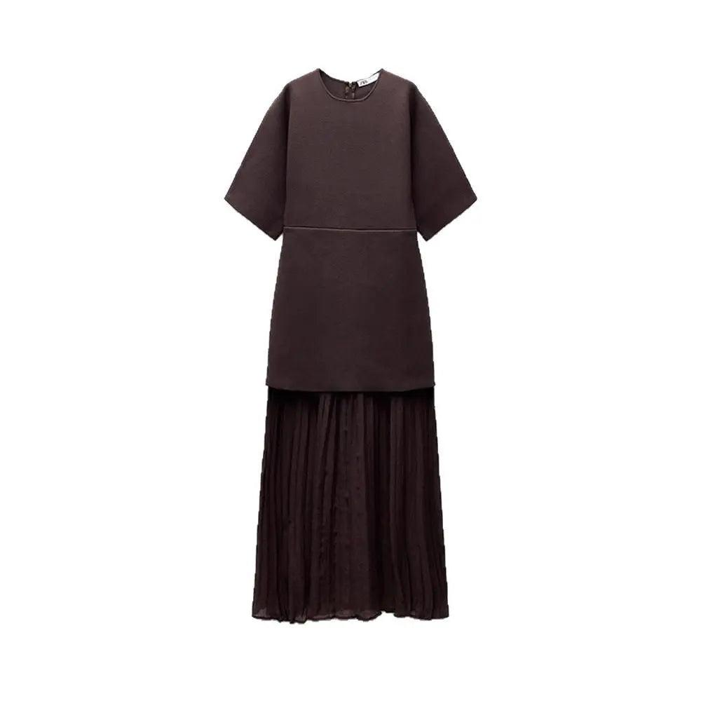 Elegant Brown Patchwork Pleated Short Sleeves Long Dress