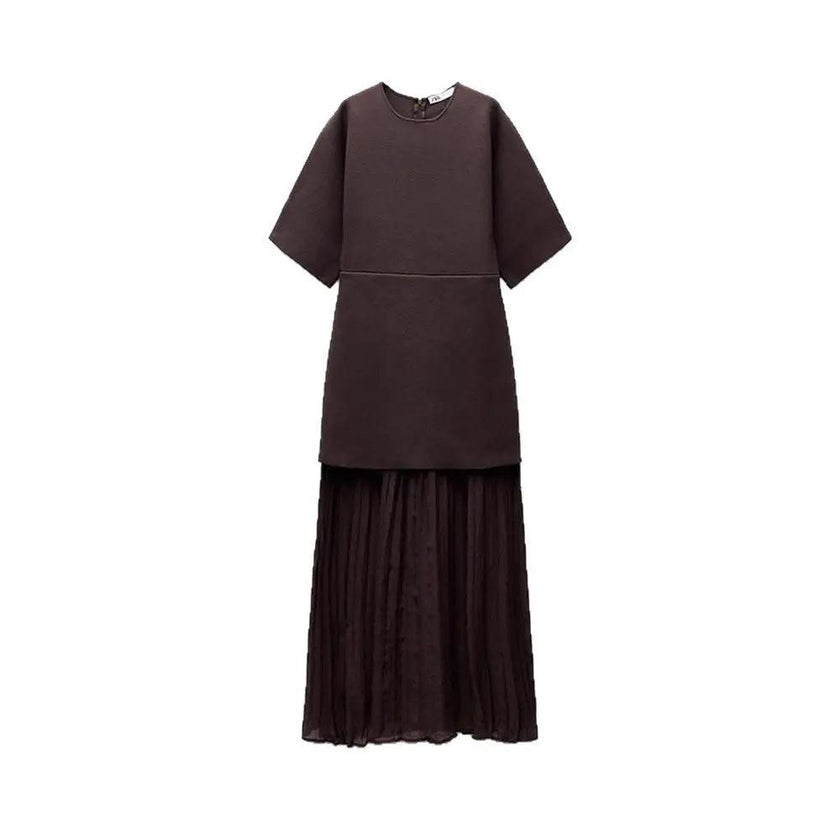 Elegant Brown Patchwork Pleated Short Sleeves Long Dress