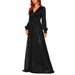 Elegant Dinner Sequined Long Sleeve V-neck High Waist Evening Dress
