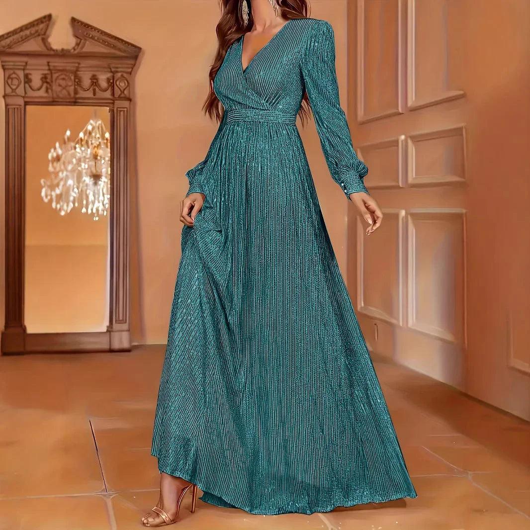 Elegant Dinner Sequined Long Sleeve V-neck High Waist Evening Dress