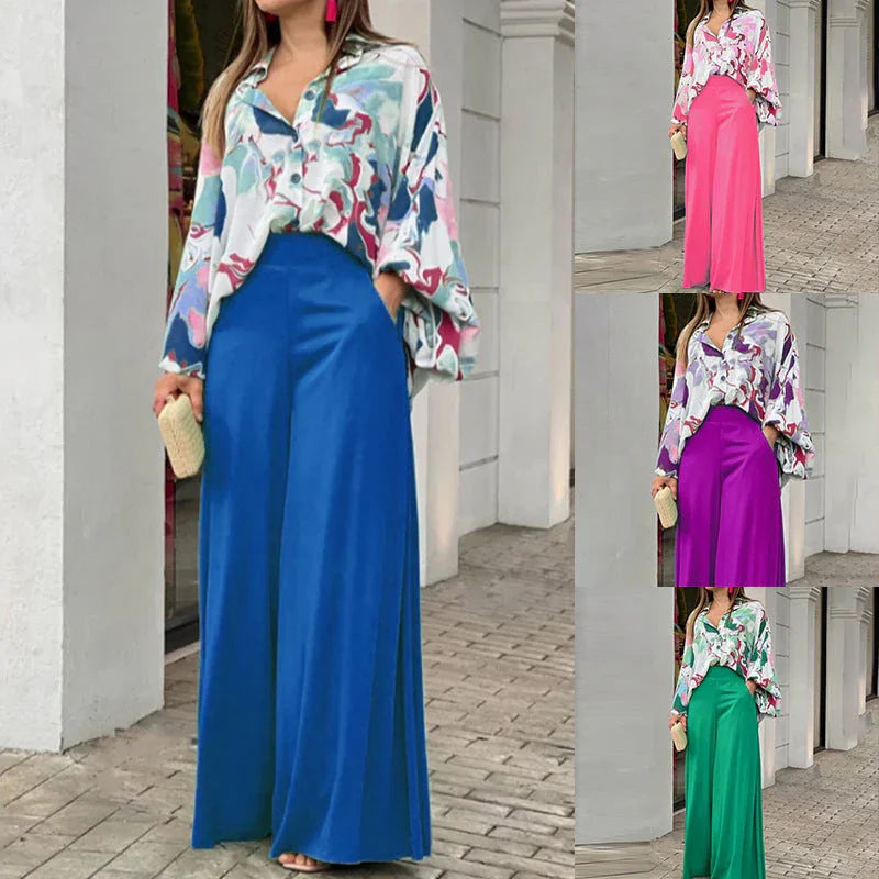 Elegant Printed Shirt Top Wide Leg Pants Fashion Matching Outfit set 2pcs