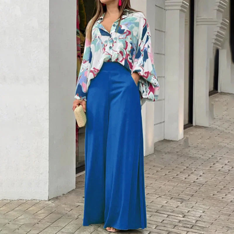 Elegant Printed Shirt Top Wide Leg Pants Fashion Matching Outfit set 2pcs