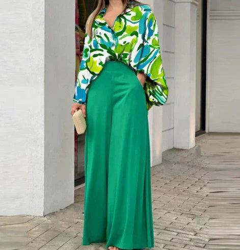 Elegant Printed Shirt Top Wide Leg Pants Fashion Matching Outfit set 2pcs
