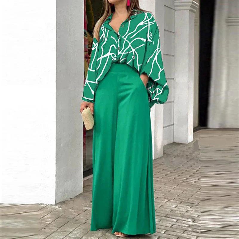 Elegant Printed Shirt Top Wide Leg Pants Fashion Matching Outfit set 2pcs