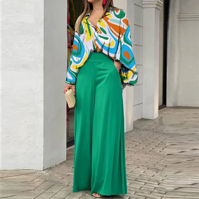 Elegant Printed Shirt Top Wide Leg Pants Fashion Matching Outfit set 2pcs