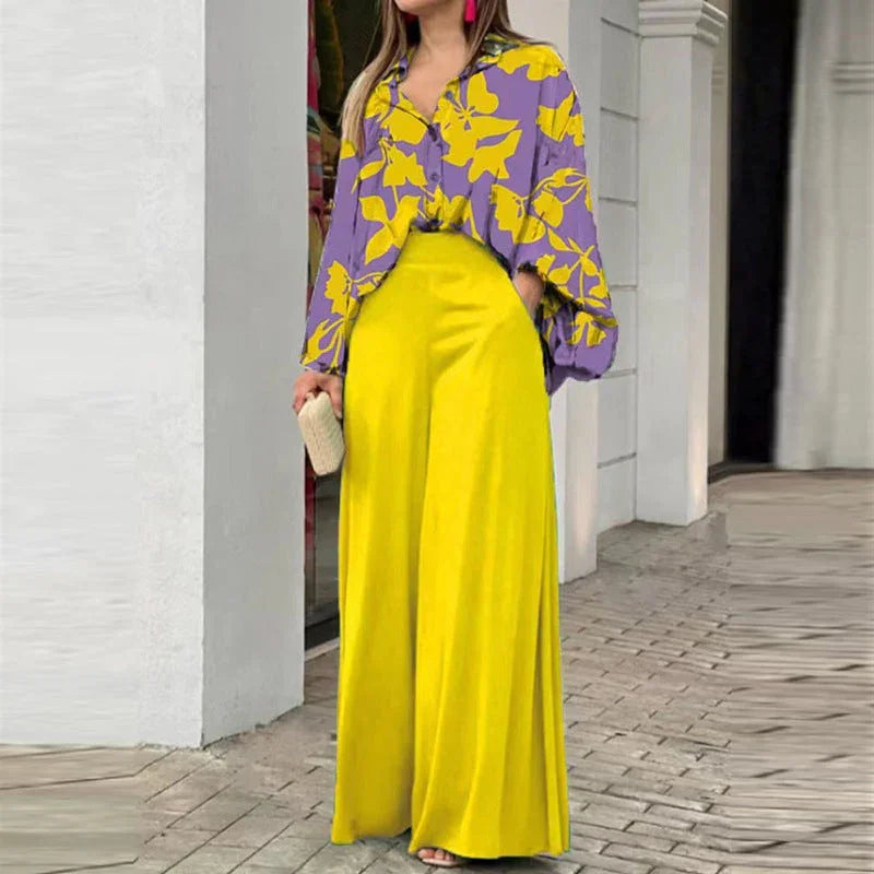 Elegant Printed Shirt Top Wide Leg Pants Fashion Matching Outfit set 2pcs