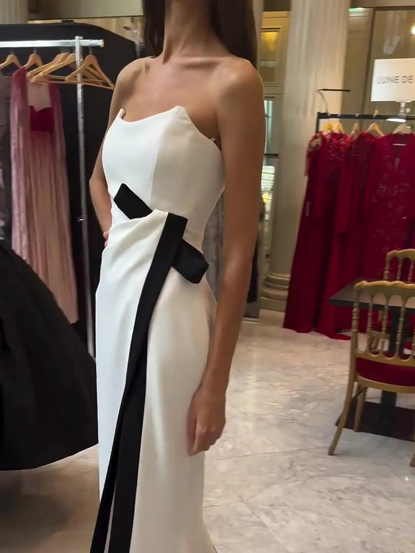 Elegant Simple Strapless White Slit Long Dress