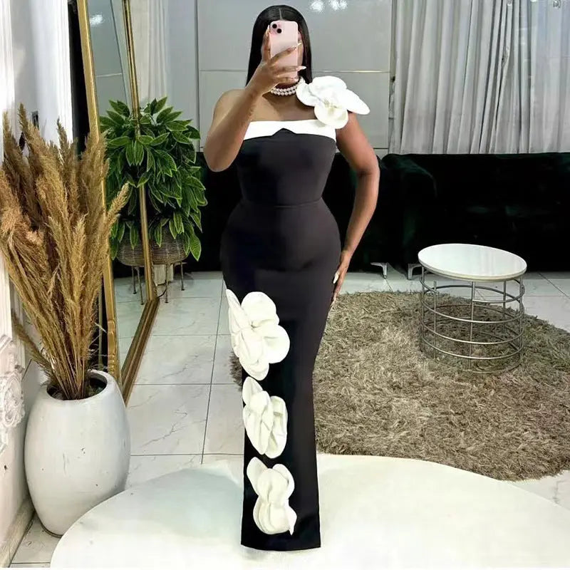 Embroidered Flower Black Long Tube Top Dress Wedding Evening Party Cocktail Dress
