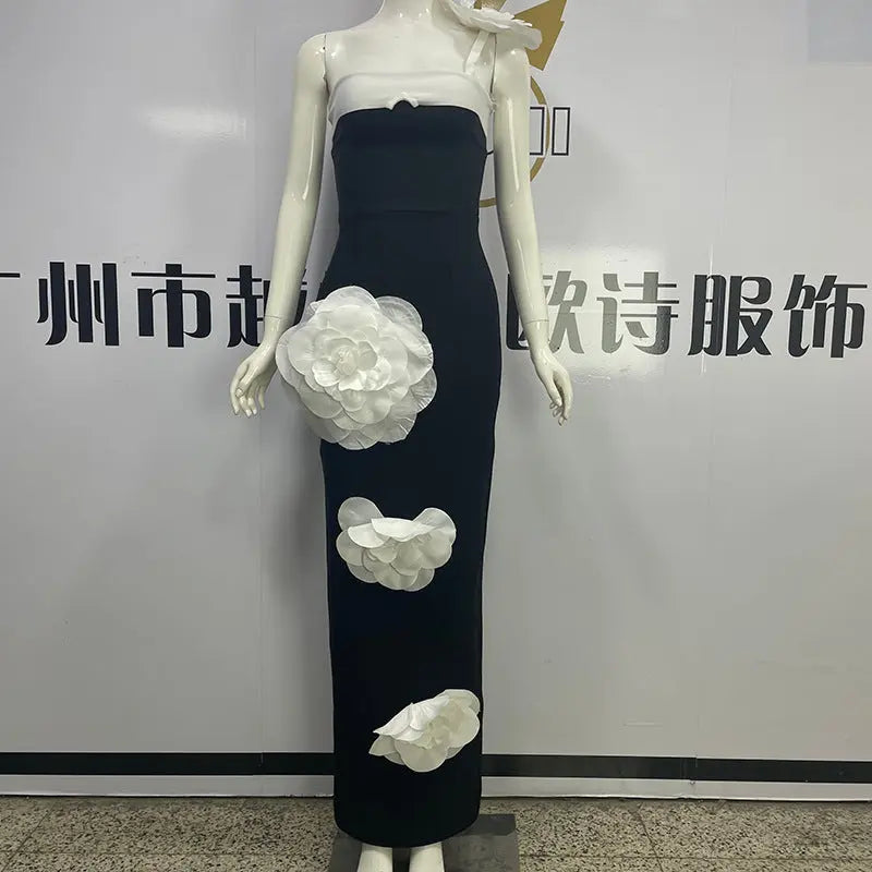 Embroidered Flower Black Long Tube Top Dress Wedding Evening Party Cocktail Dress