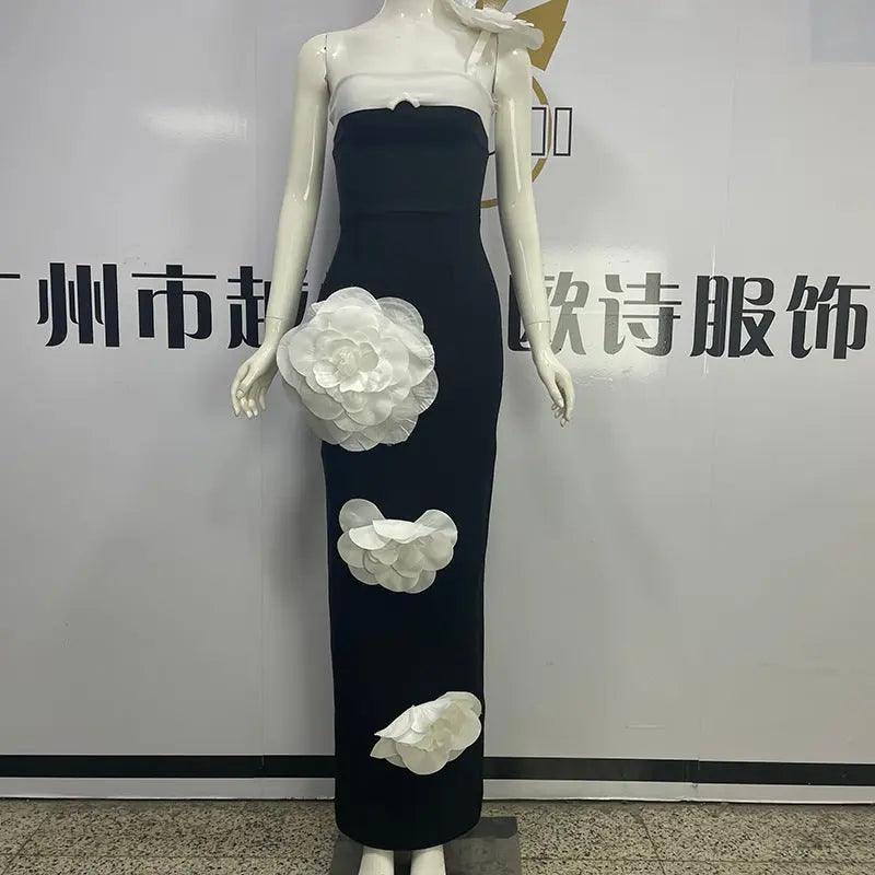 Embroidered Flower Black Long Tube Top Dress Wedding Evening Party Cocktail Dress