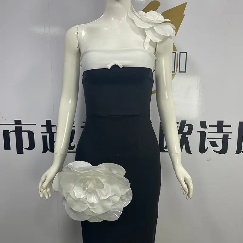 Embroidered Flower Black Long Tube Top Dress Wedding Evening Party Cocktail Dress