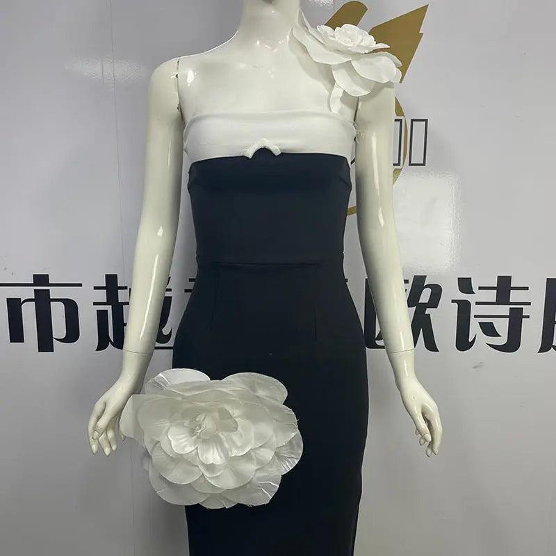 Embroidered Flower Black Long Tube Top Dress Wedding Evening Party Cocktail Dress
