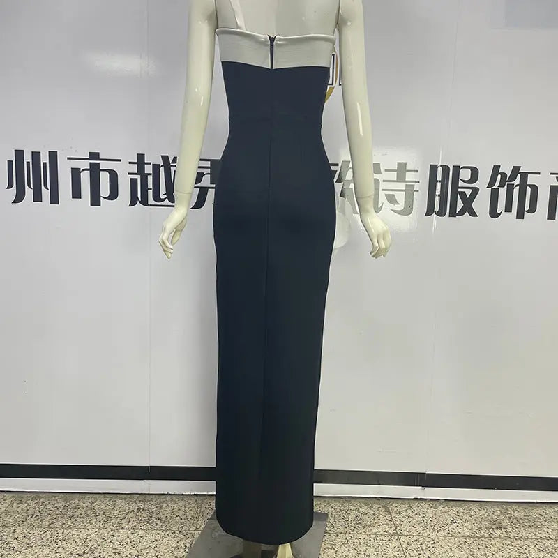 Embroidered Flower Black Long Tube Top Dress Wedding Evening Party Cocktail Dress