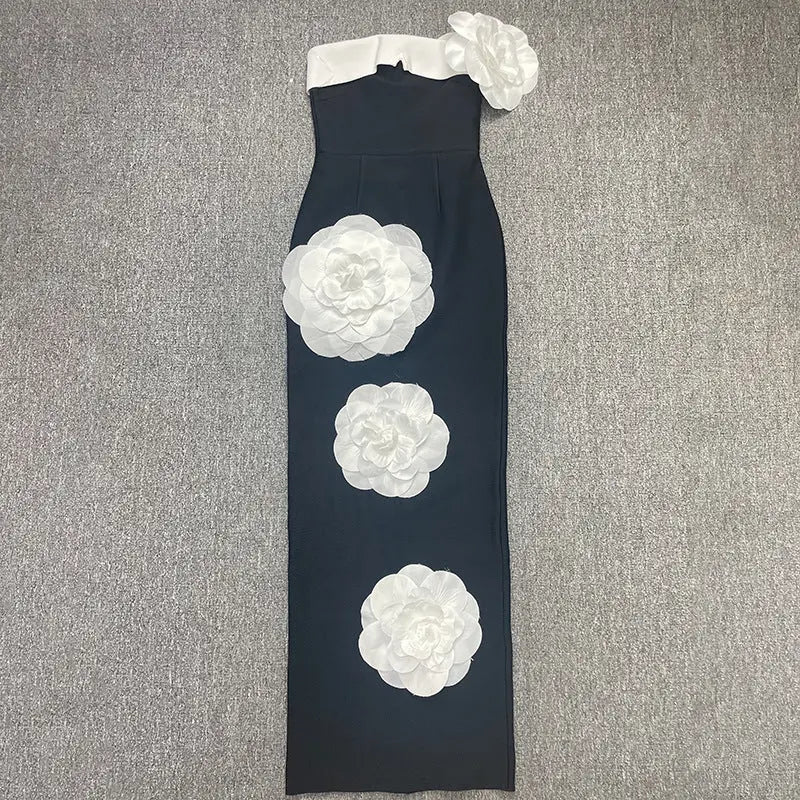 Embroidered Flower Black Long Tube Top Dress Wedding Evening Party Cocktail Dress