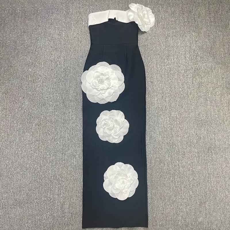 Embroidered Flower Black Long Tube Top Dress Wedding Evening Party Cocktail Dress